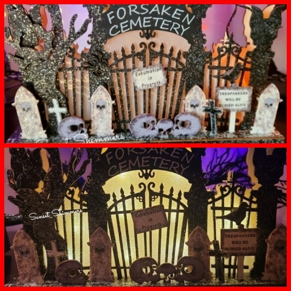 Halloween Haunted Cemetery Die-Cut Wooden Scene Glitter LED Lighted Decor New